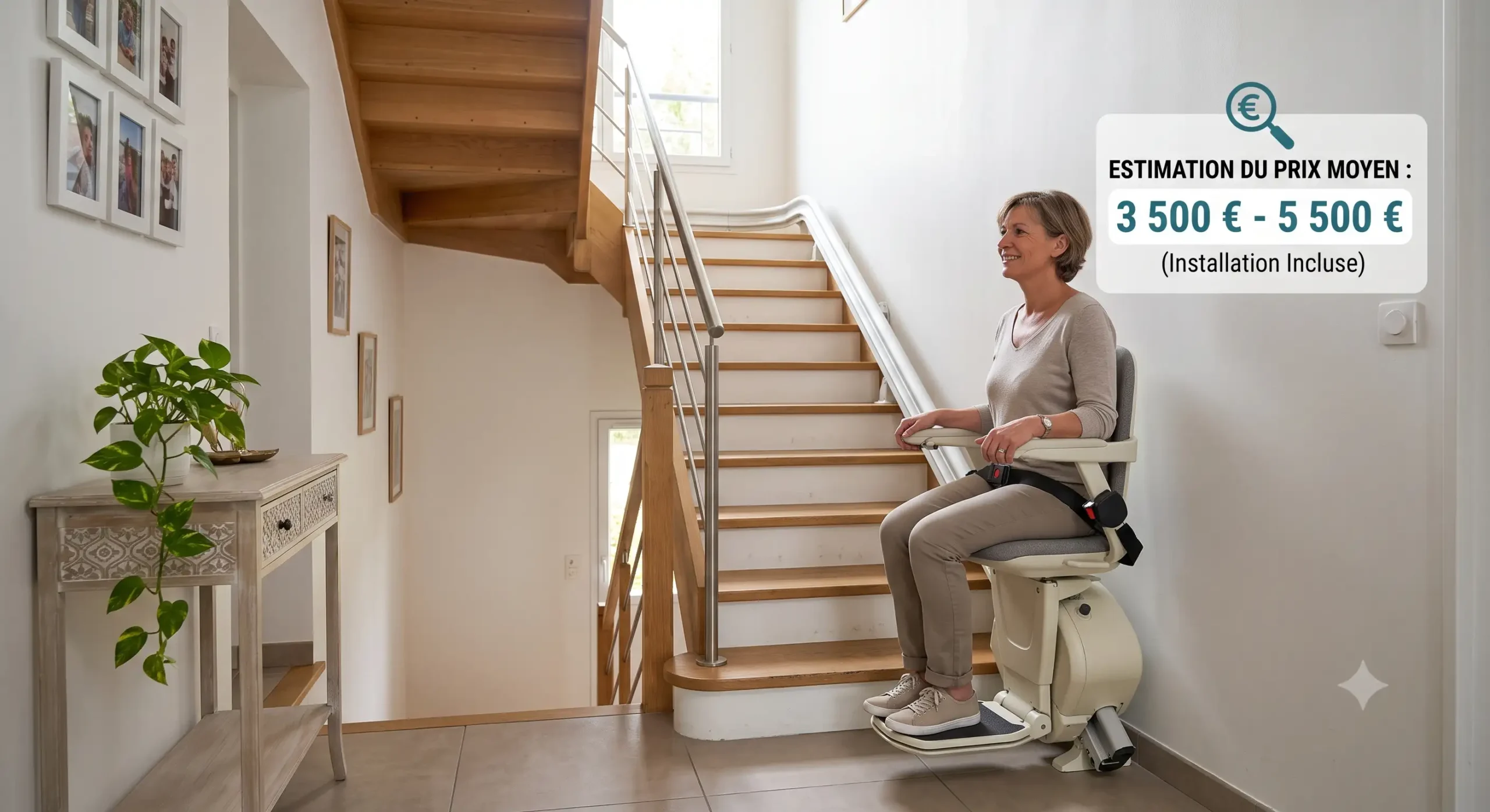 Fauteuil monte-escalier droit installé le long d'un mur dans une maison moderne avec estimation du prix moyen. prix monte-escalier