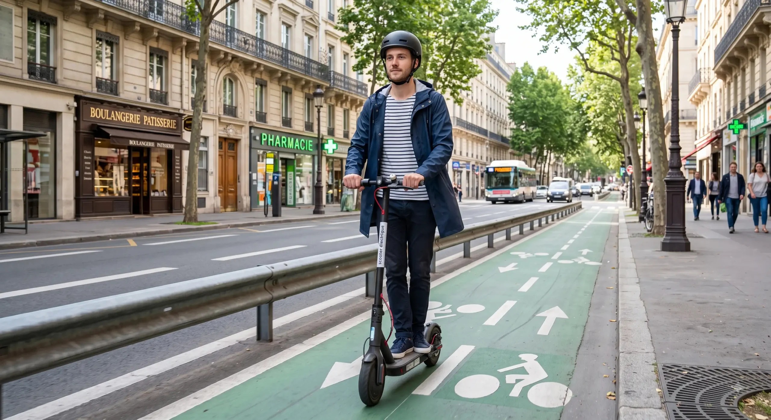 Un citadin effectuant son trajet quotidien en scooter électrique mobilité pas cher sur une piste cyclable urbaine.