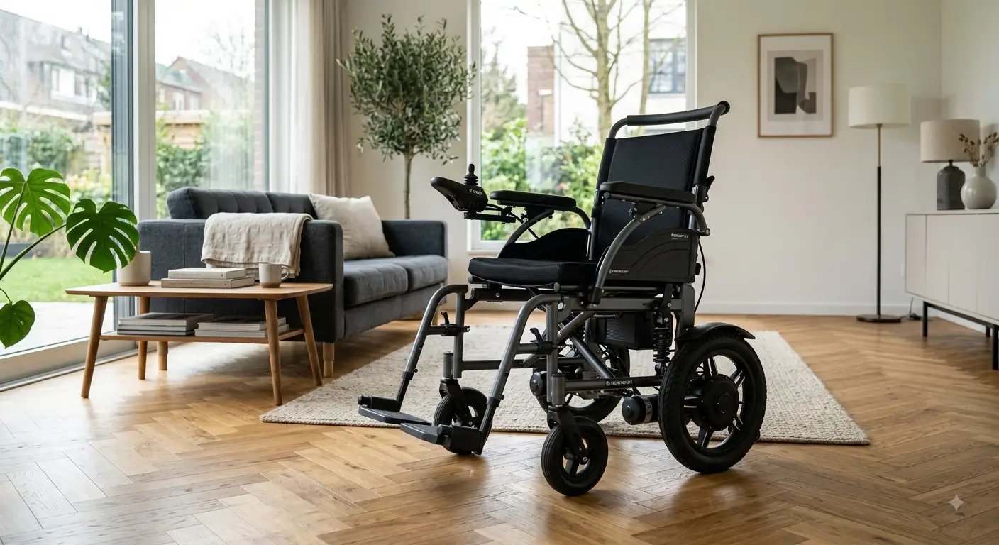 Carrozzina elettrica pieghevole e compatta dal design moderno, posizionata in un ambiente luminoso con luce naturale.