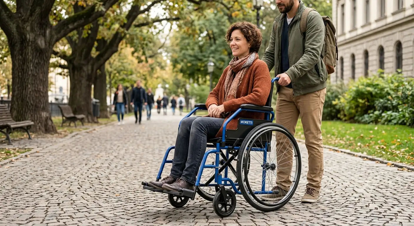 Carrozzina Moretti pieghevole e leggera, dal design moderno ed ergonomico, in una stanza luminosa