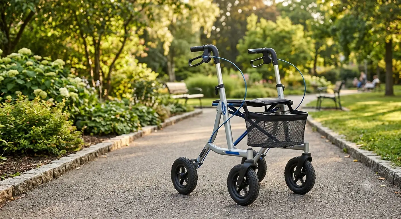 Deambulatore Invacare pieghevole per anziani con ruote grandi per esterno e freni integrati