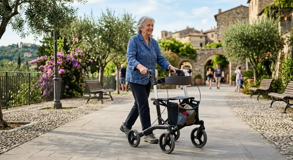 Anziana che passeggia all'aperto utilizzando il miglior rollator per anziani leggero e pieghevole.