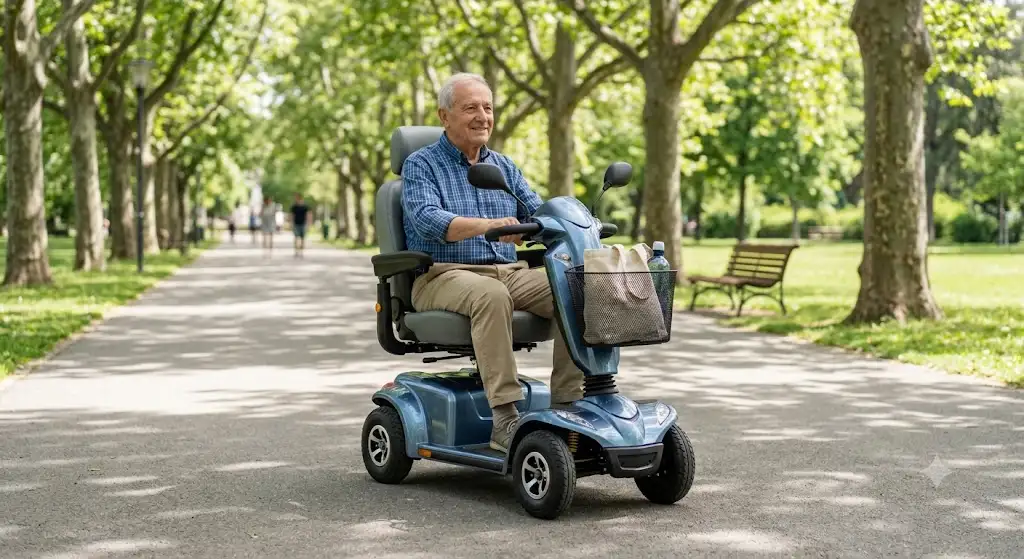 Persona su un modello del miglior scooter elettrico per disabili lungo il viale alberato di un parco.