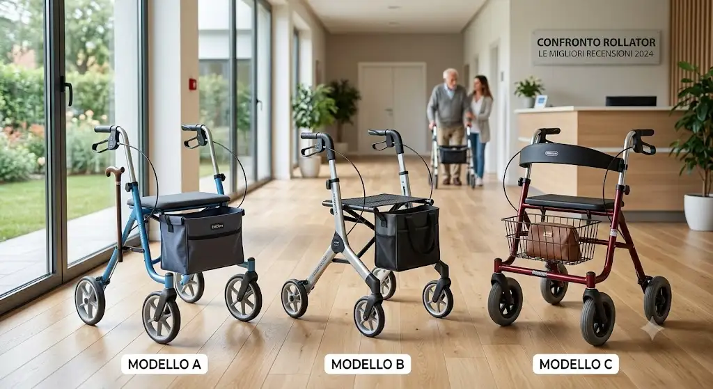 Illustrazione comparativa con recensioni rollator per anziani e confronto dei migliori modelli sul mercato italiano