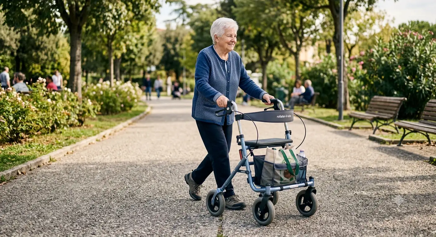 Rollator a 4 ruote pieghevole in alluminio per anziani con seduta, cestino portaoggetti e freni di sicurezza