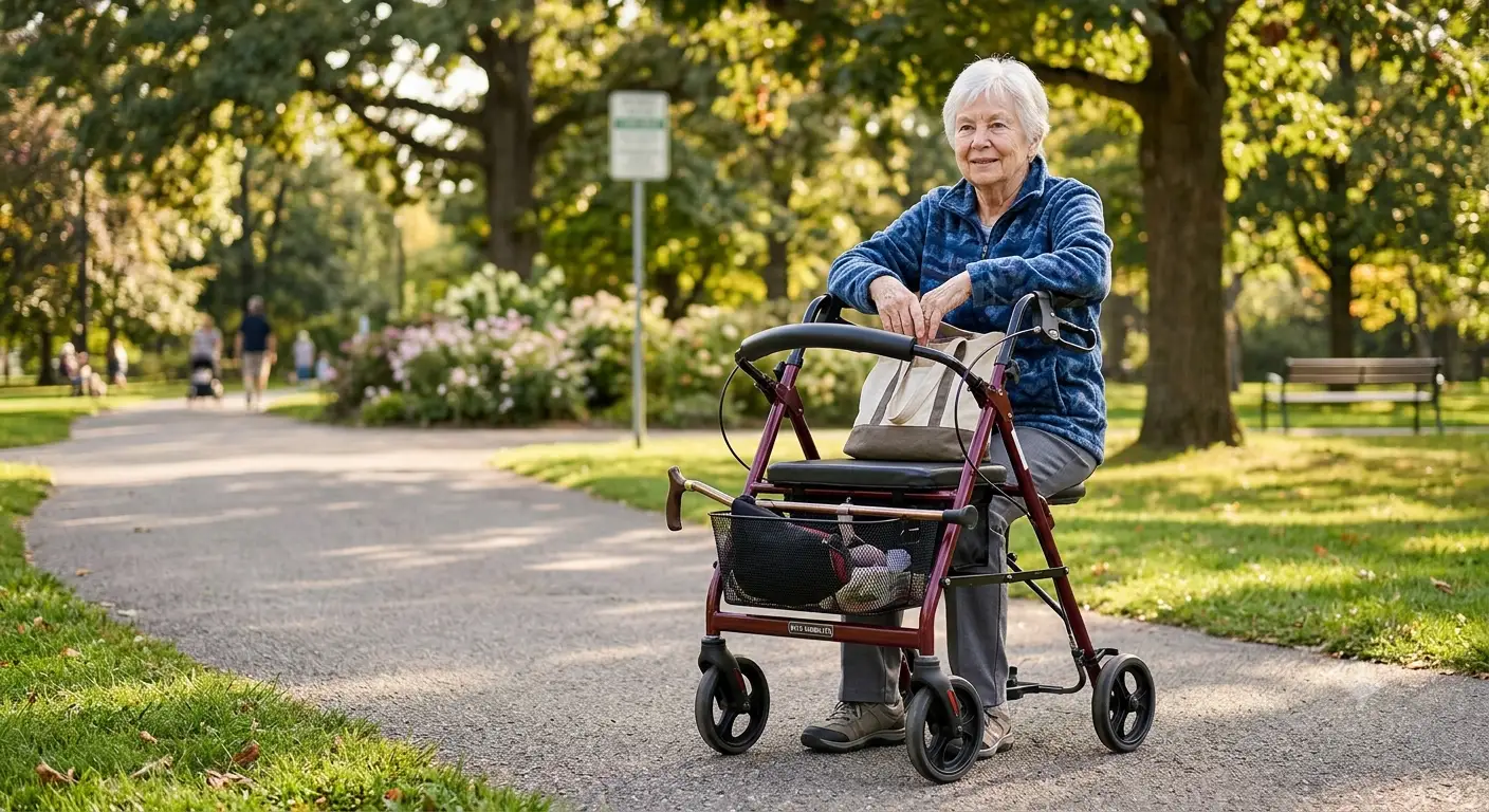 Una signora anziana sorridente seduta a riposare su un rollator con sedile bordeaux lungo un sentiero soleggiato in un parco.