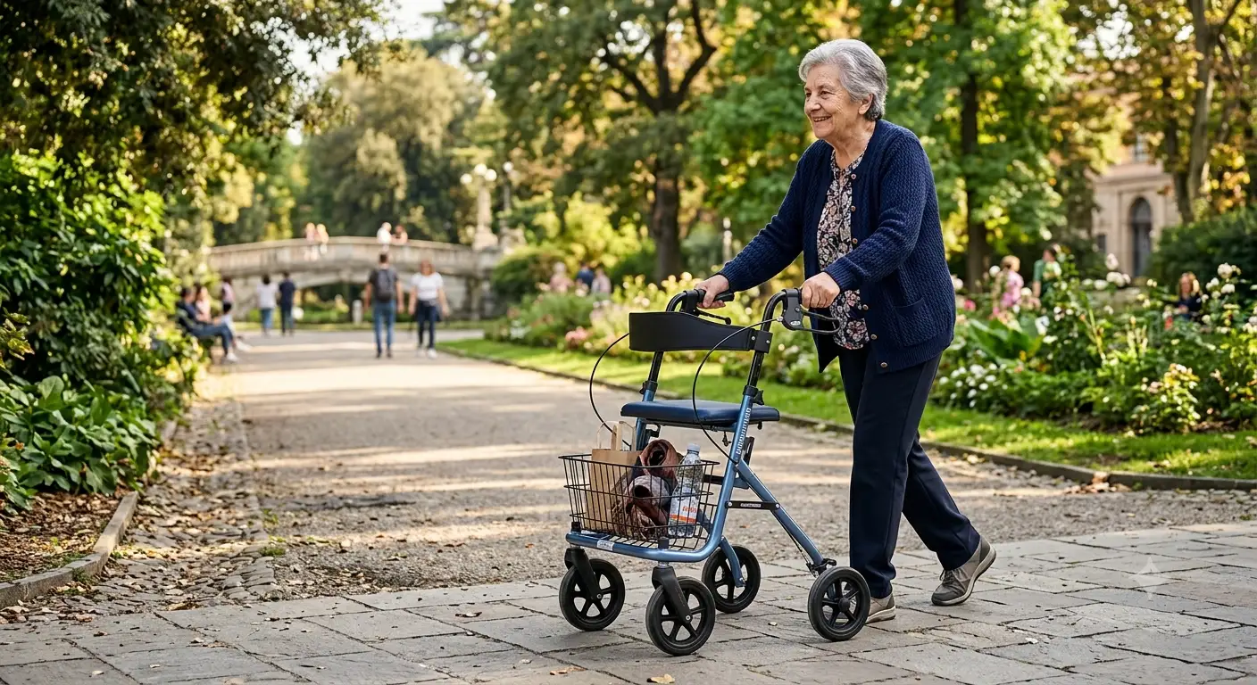 Rollator economico da 150 euro pieghevole in alluminio leggero con quattro ruote per anziani