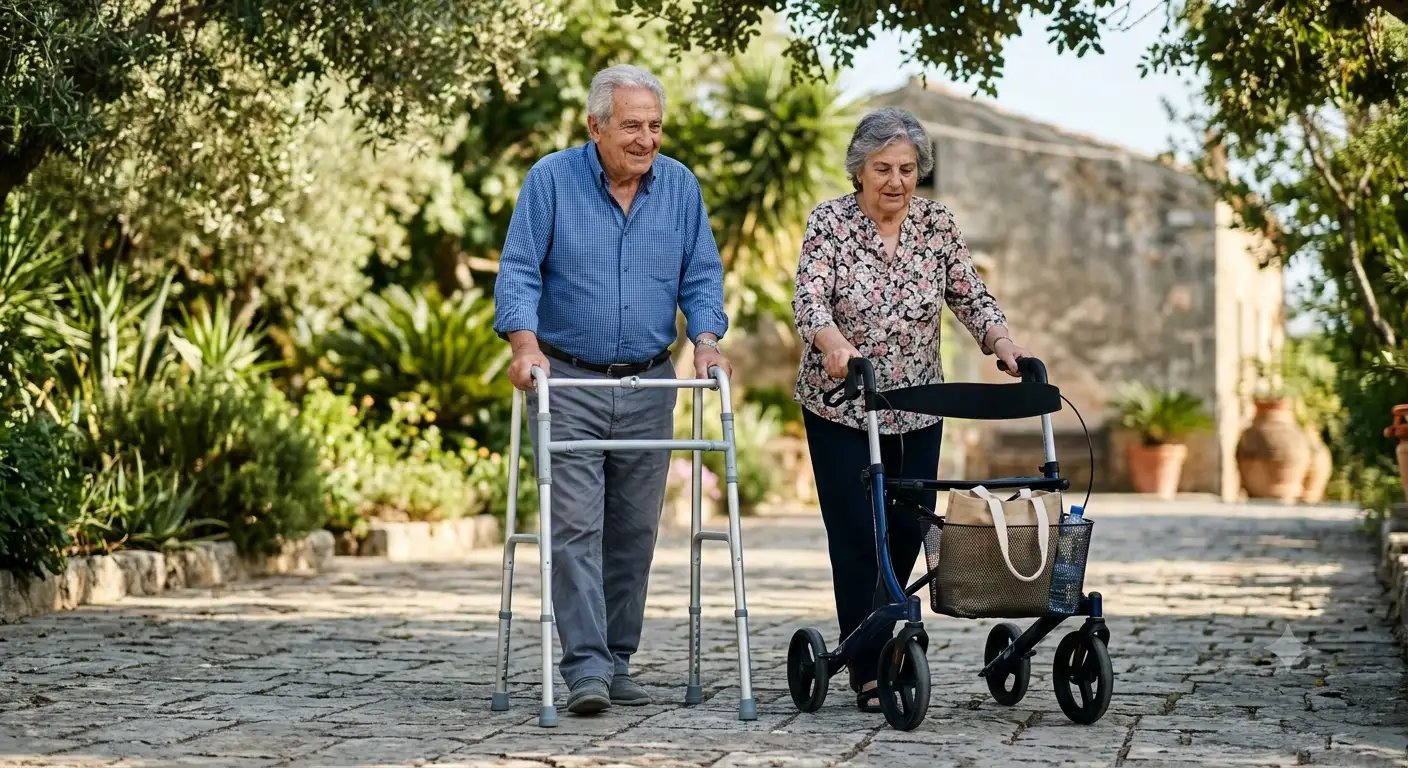Confronto visivo tra un rollator a quattro ruote e un deambulatore classico da interno per anziani