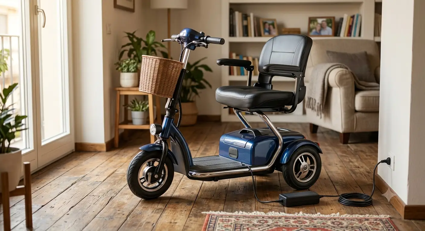 Scooter elettrico pieghevole compatto per disabili e anziani parcheggiato in casa