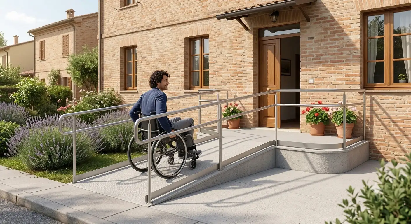 Progetto per trasformare una casa accessibile ai disabili con rampa d'accesso all'ingresso senza gradini.