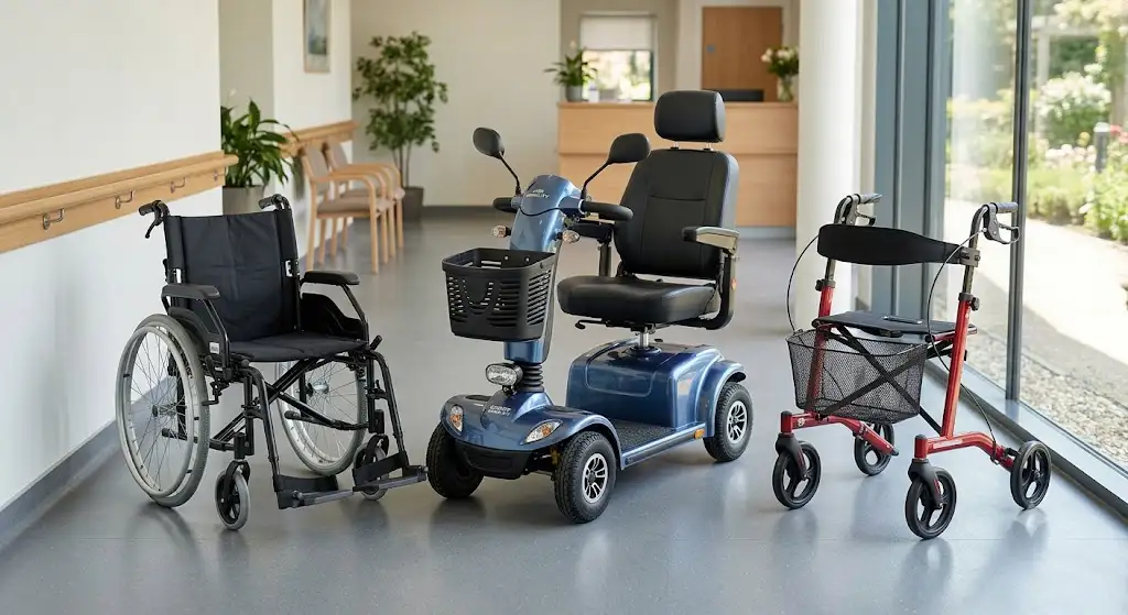 Comparatif visuel entre fauteuil roulant scooter ou déambulateur pour personne à mobilité réduite.