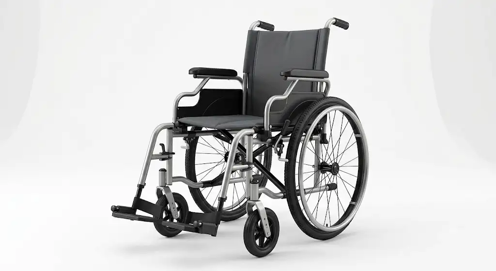 Fauteuil roulant léger en aluminium pliable vue d'ensemble sur fond blanc