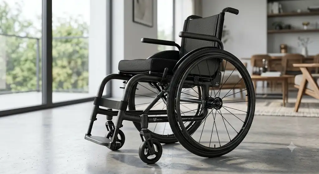 fauteuil roulant ultra léger carbone finition noire mate vu de trois-quarts.