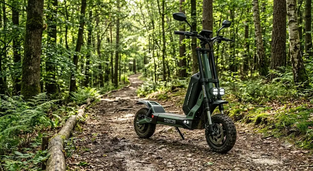 Scooter électrique tout-terrain longue autonomie stationné sur un sentier en pleine forêt