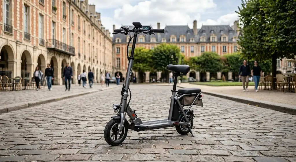Scooter électrique de voyage pliable et compact déplié sur une place pavée à Paris