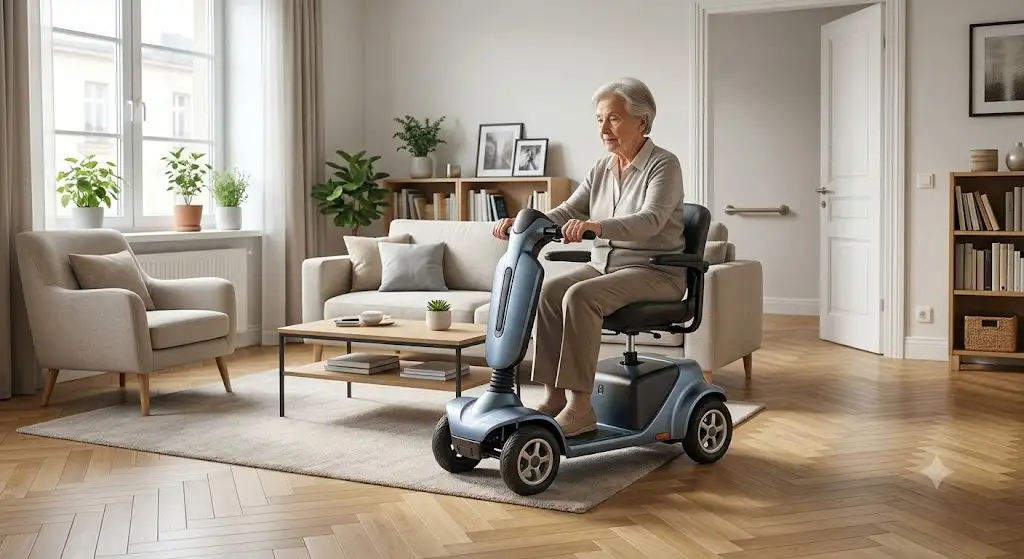 scooter électrique usage intérieur compact manœuvrant dans le salon d'un appartement adapté.
