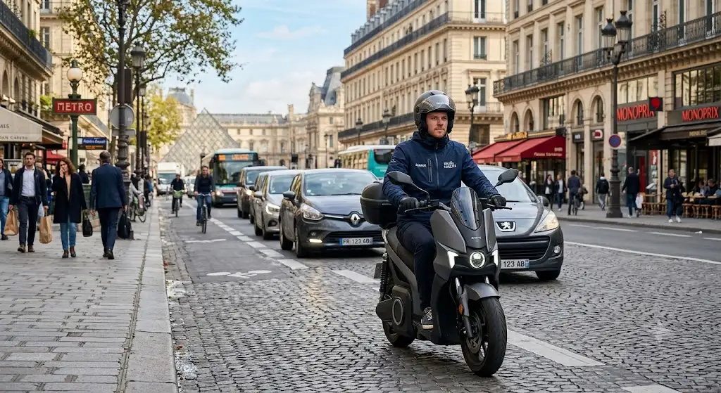 Conducteur en scooter électrique trajets urbains quotidiens dans le centre-ville de Paris.