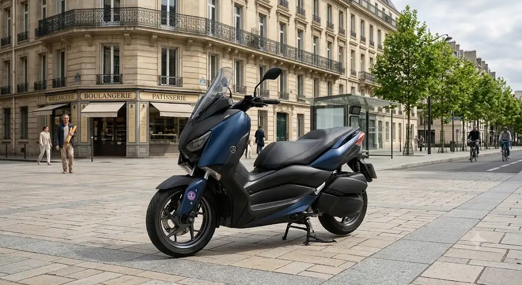 Scooter électrique grand gabarit moderne stationné sur une place en milieu urbain