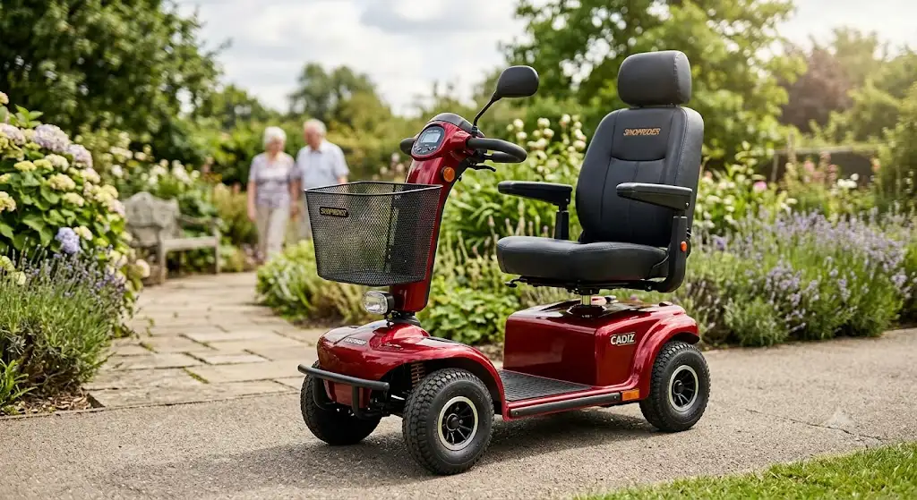 Vue d'ensemble d'un scooter électrique Shoprider avis pour senior avec panier avant.