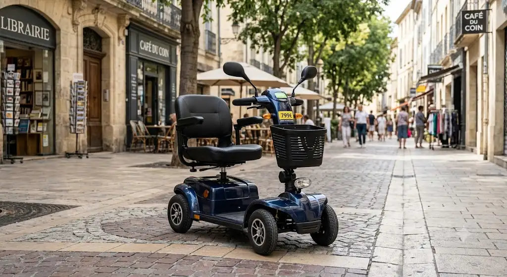 scooter électrique mobilité moins de 800 euros stationné dans une rue piétonne en ville.