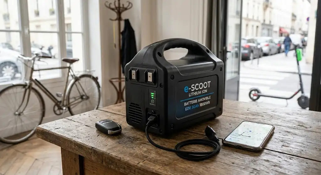 Batterie lithium-ion amovible pour scooter électrique de mobilité urbaine posée sur une table. (batterie scooter électrique mobilité)
