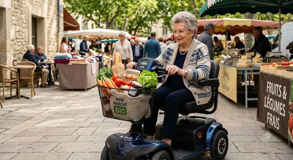 Panier pour scooter électrique de mobilité senior rempli de courses alimentaires. (panier scooter électrique mobilité)