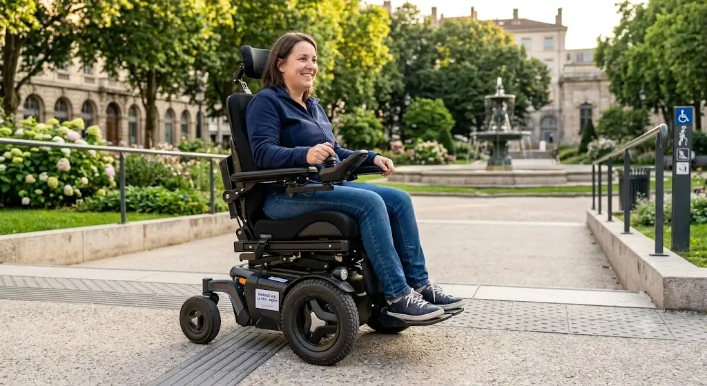 Personne en situation de handicap utilisant un fauteuil roulant électrique financé par la PCH de la MDPH aide MDPH matériel médical