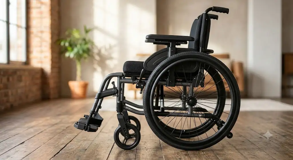 Fauteuil roulant auto-propulsé manuel pour adulte vu de profil avec mains courantes ergonomiques