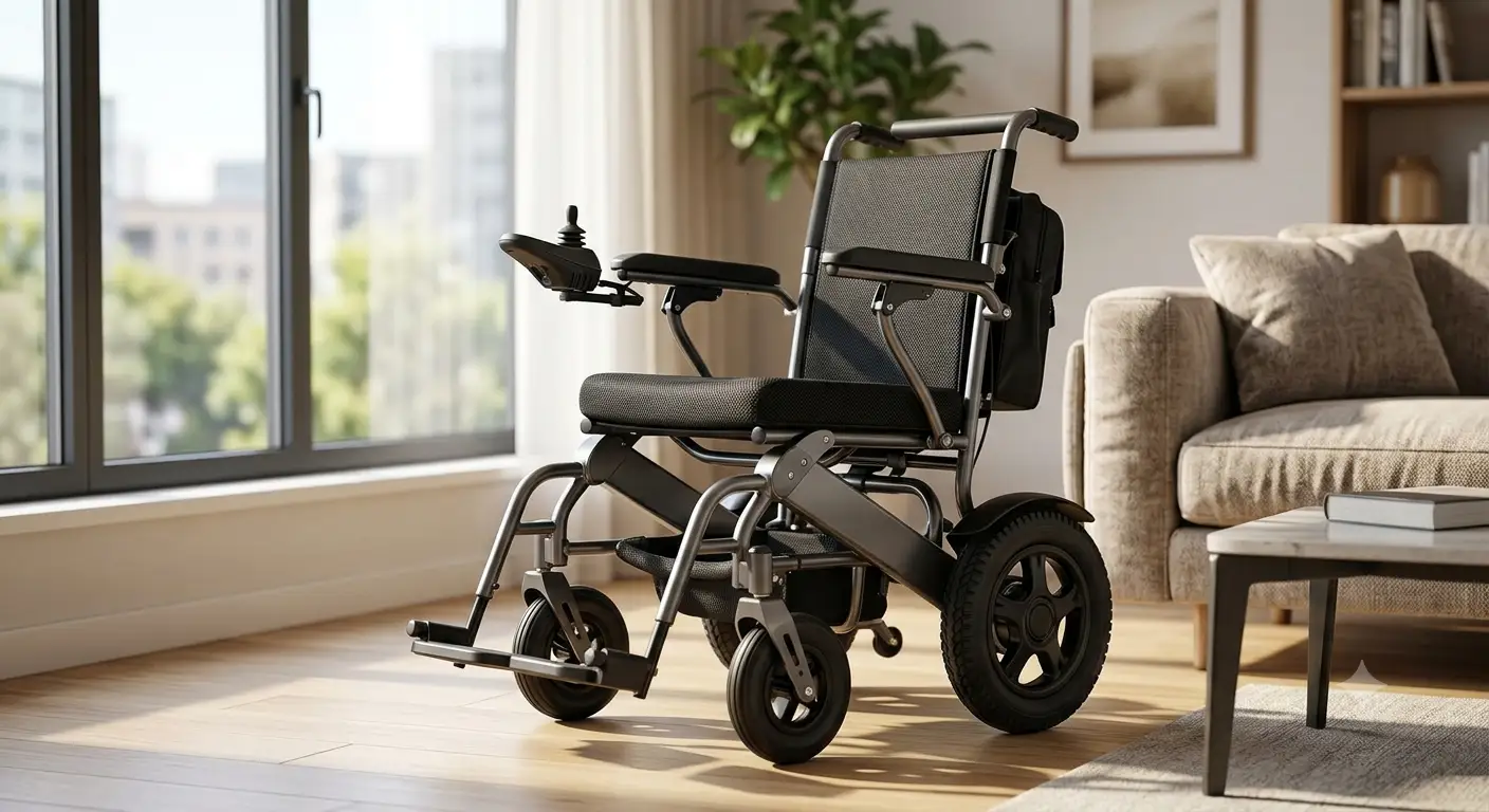 Carrozzina elettrica compatta pieghevole in alluminio leggero vista di tre quarti
