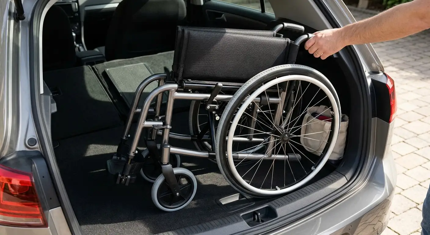 Carrozzina ultraleggera pieghevole in alluminio con telaio compatto per facilitare il trasporto in auto