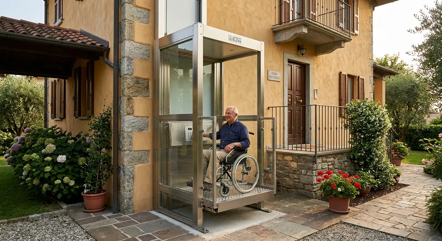 Piattaforma elevatrice verticale installata all'esterno di una casa d'epoca per il superamento delle barriere architettoniche