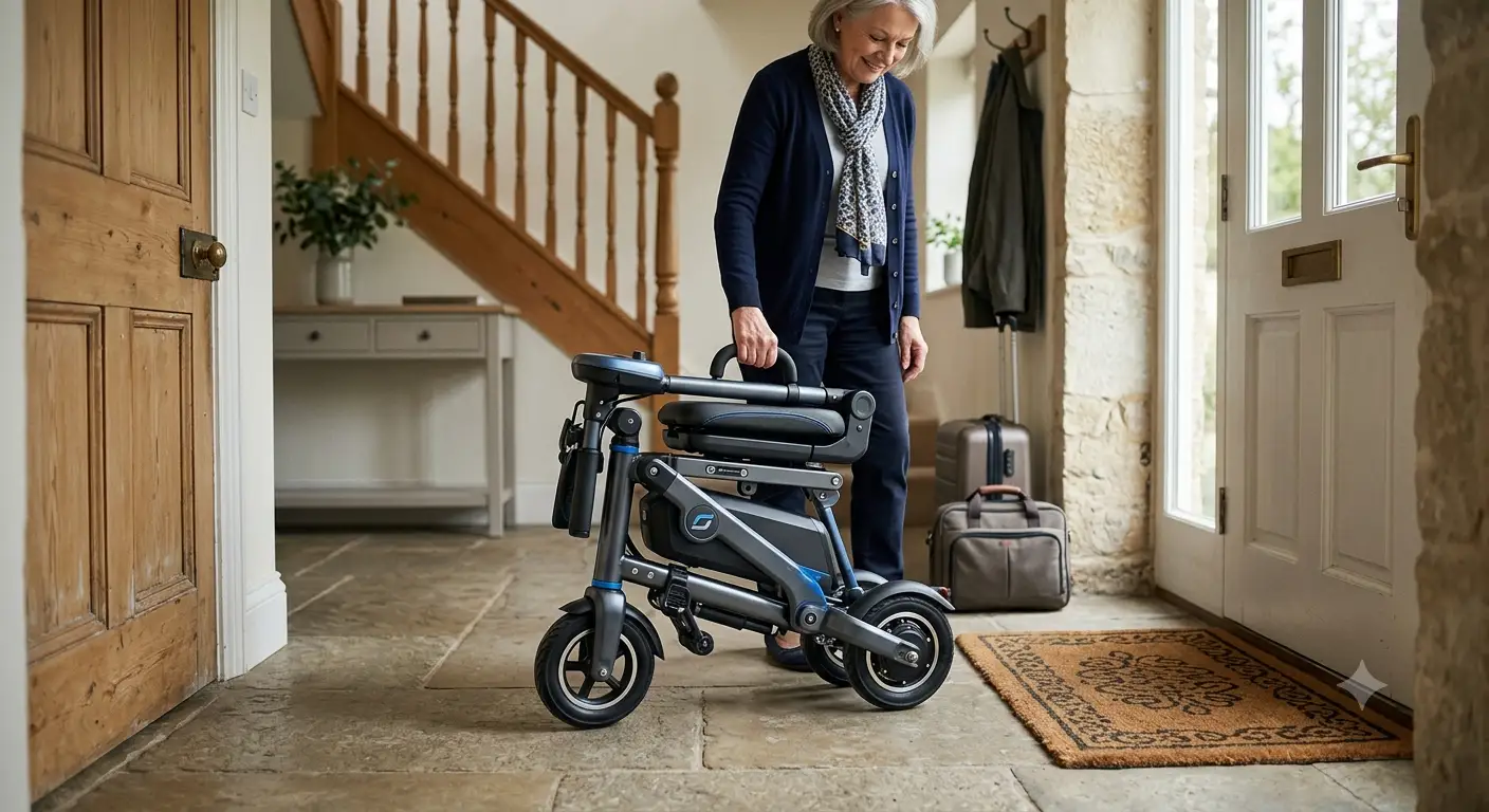 Scooter elettrico da viaggio pieghevole e leggero pronto per essere trasportato