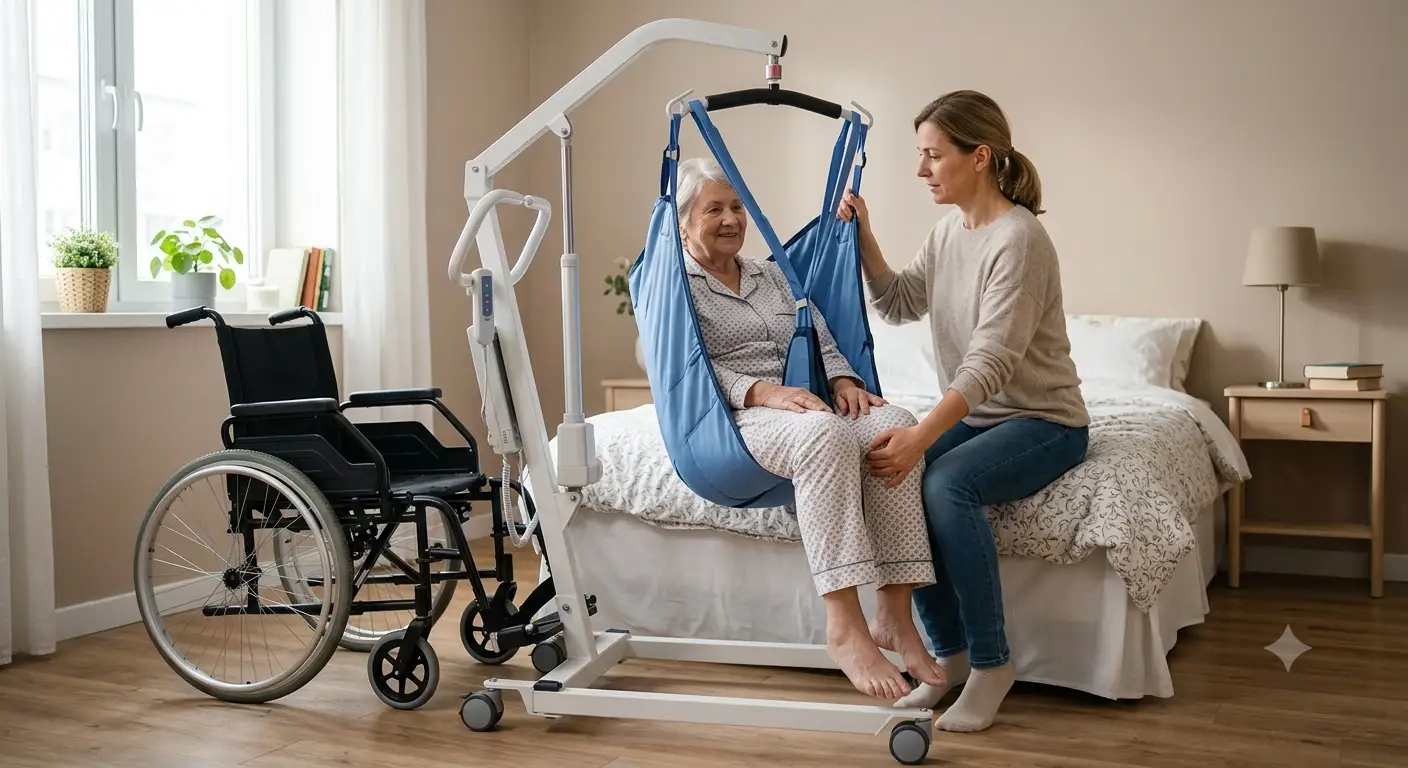 Sollevatore elettrico per disabili utilizzato in casa per il trasferimento dalla carrozzina al letto
