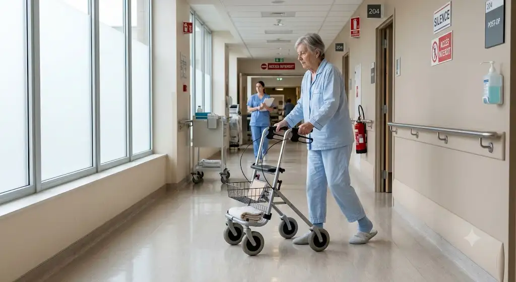 Patient utilisant un déambulateur rééducation post-opératoire dans un couloir d'hôpital pour la reprise de la marche.