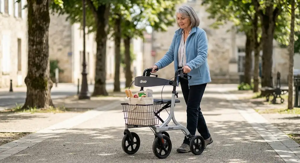 Avis sur le déambulateur rollator 4 roues Drive Medical pliable avec assise rembourrée et panier. (rollator Drive Medical avis)