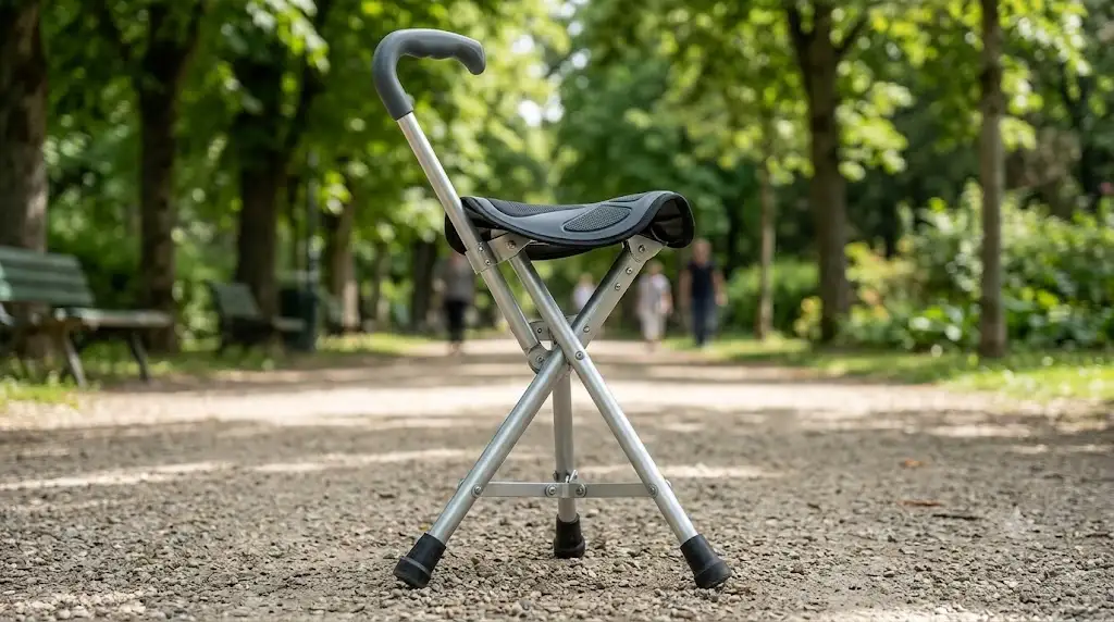 Canne siège pliante légère en aluminium avec assise ergonomique dépliée pour le repos en balade
