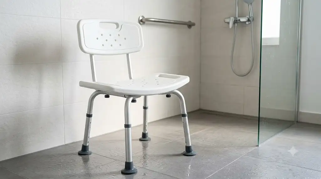 Chaise de douche pliante en aluminium avec assise perforée et embouts antidérapants pour senior