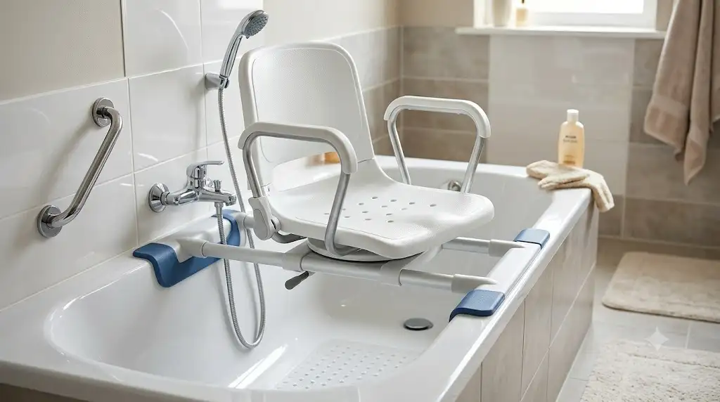 Siège de baignoire pivotant en aluminium blanc installé au-dessus d'une baignoire pour personne âgée