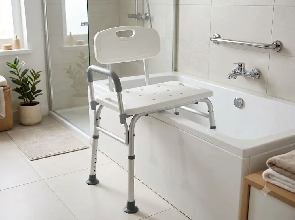 Banc de transfert de baignoire ergonomique installé dans une salle de bain moderne pour sécuriser la toilette des seniors.