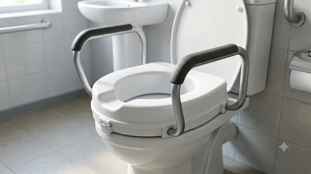 Réhausseur de toilette avec accoudoirs ergonomiques installé sur une cuvette de WC standard