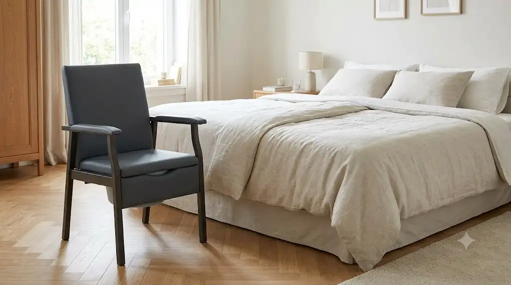 Chaise percée garde-robe moderne installée près du lit pour senior ou personne à mobilité réduite.