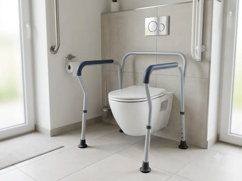 cadre de toilette barre d'appui ergonomique installé autour d'un WC moderne pour personnes âgées ou PMR.