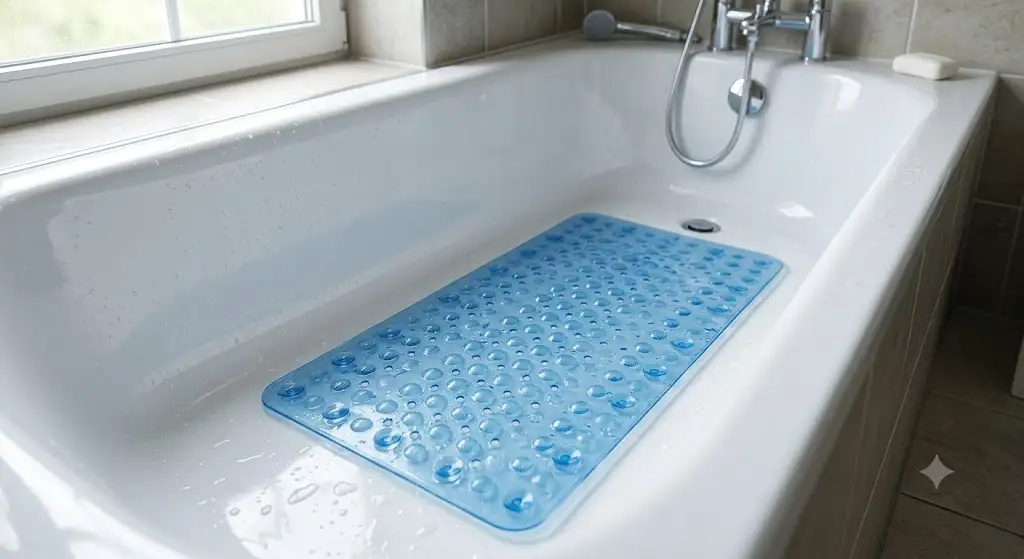 Tapis antidérapant douche baignoire classique posé au fond d'une baignoire blanche pour éviter les glissades.