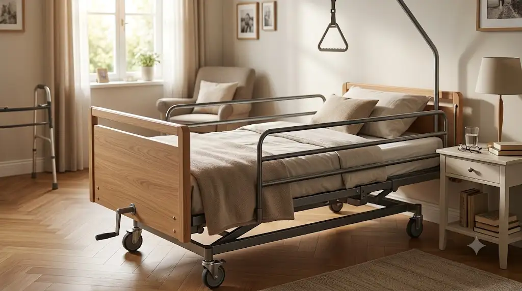 Lit médicalisé manuel avec barrières de sécurité installé dans une chambre pour le maintien à domicile d'un senior