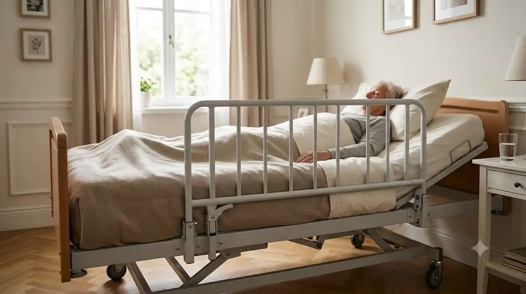 Barrière de lit médicalisé rabattable en métal pour sécuriser le couchage d'une personne âgée à domicile.