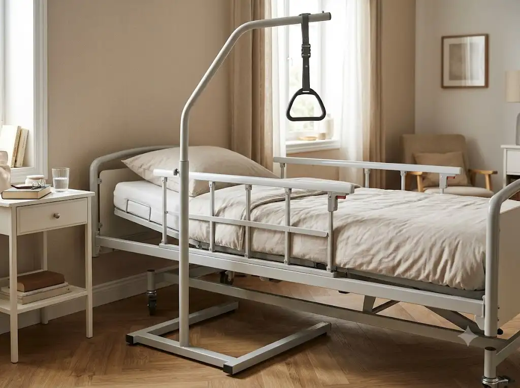 Potence de lit médicalisé sur pied avec poignée trapèze réglable installée à domicile