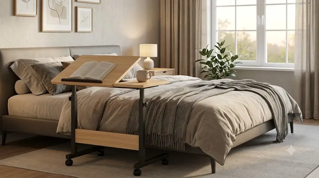 Table de lit à roulettes avec plateau inclinable en bois clair dans une chambre à coucher contemporaine