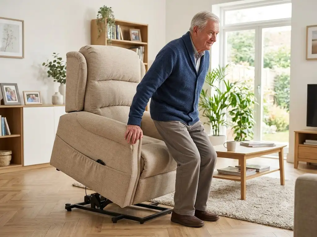 Fauteuil releveur électrique en position debout facilitant la levée sans effort d'une personne âgée dans un salon. (fauteuil releveur position debout)