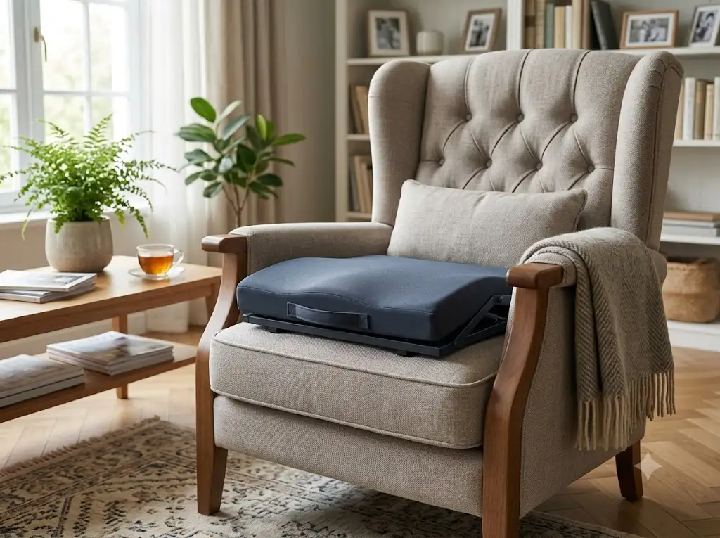 Coussin d'aide au lever éjecteur installé sur un fauteuil de salon ergonomique pour senior