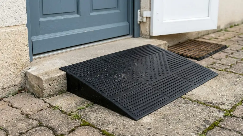 Rampe de seuil pour petite marche en caoutchouc noir installée devant une porte d'entrée de maison individuelle. (rampe de seuil petite marche)